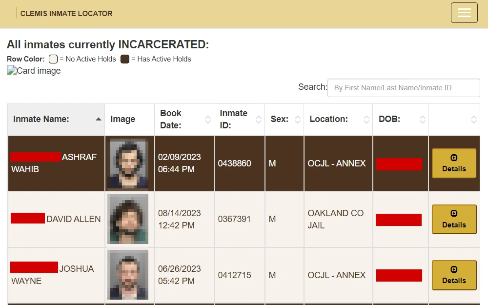 A screenshot of the Clemis Inmate Locator offered by the Oakland Sheriff's Office showing the search bar and the list of inmates with their full name, mugshots, book date, inmate ID, sex, location and DOB, including a link to view more details.