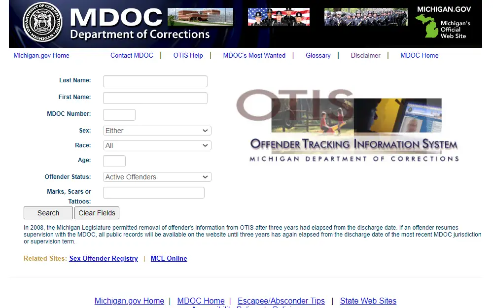 A screenshot of the Michigan Department of Corrections search page shows the required information to search for an offender; the department's logo is at the top left corner.