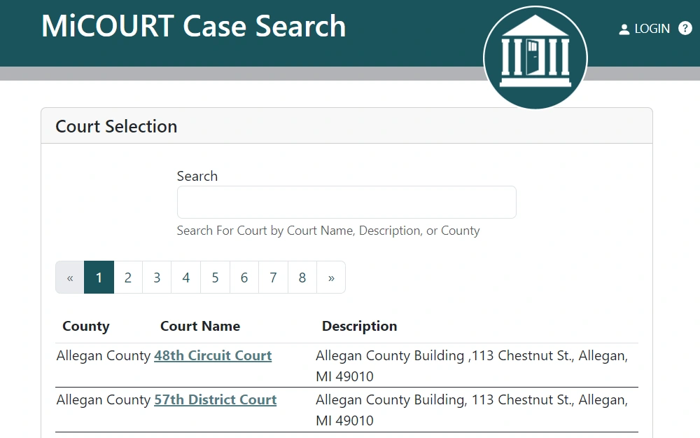 A screenshot of the MiCourt Case Search page, showing the search bar and the list of Michigan courts, along with the county name, court name and courthouse address.
