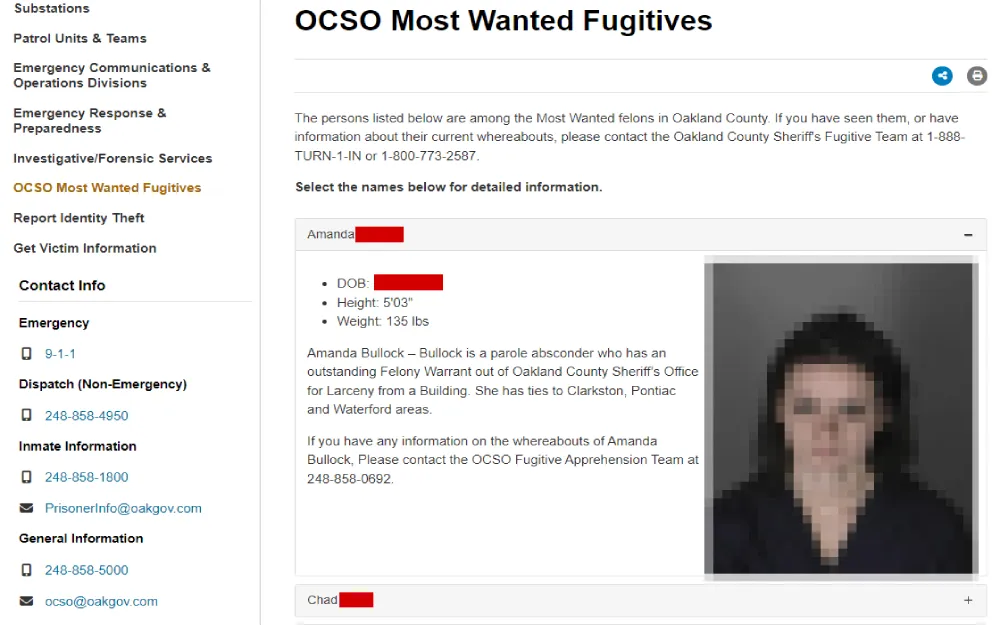 A screenshot of the OCSO Most Wanted Fugitives list with their full name, mugshot, DOB, height, weight, and offense details.