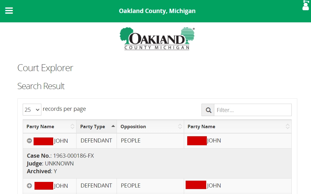 A screenshot showing the list of cases from the Oakland County, Michigan court explorer, organized in columns such as party name, type and opposition, and "+" sign to view more information about the case.