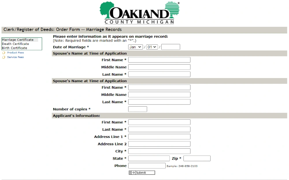 A screenshot of the order form for the request of marriage documents provided by the Clerk/Register of Deeds in Oakland County, Michigan, showing the required fields to complete the request.