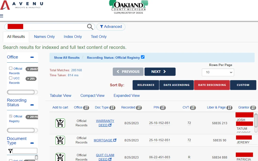 A screenshot of the property search page for the Oakland County, Michigan Clerk/Register of Deeds displays a search bar at the top, followed by a list of properties in the county.