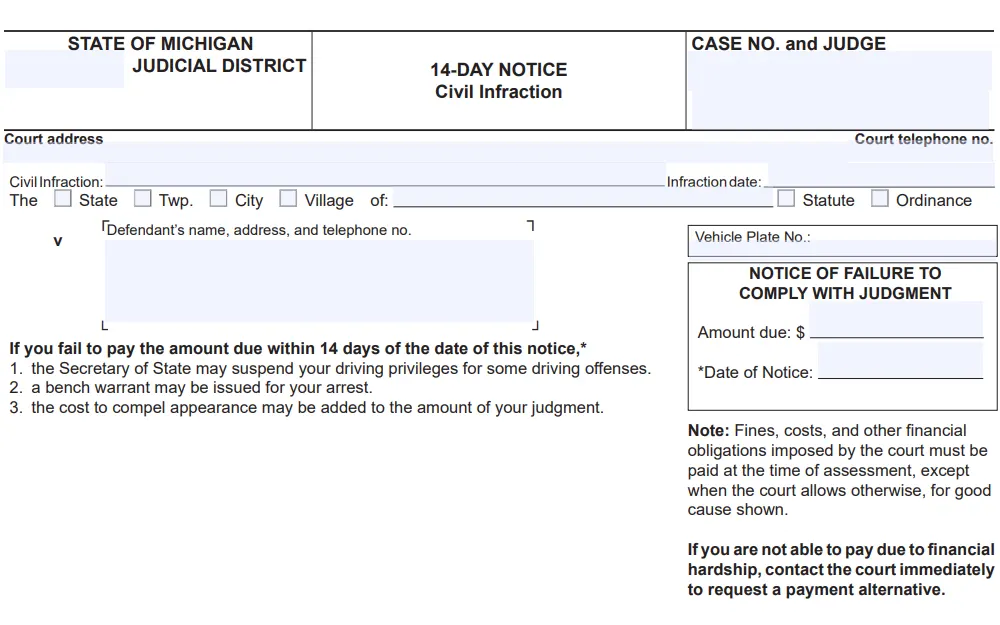Screenshot of the civil infraction notice form from the Michigan Courts with spaces provided for the case number, judge, court address and telephone number, civil infraction, infraction date, defendant's details, vehicle plate number, amount due, and date of notice.