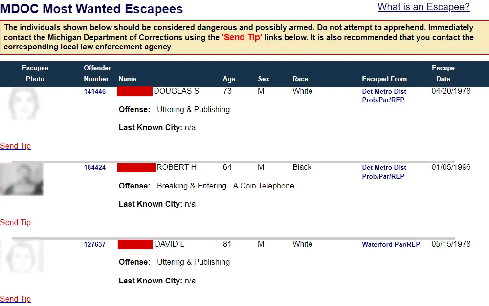 Screenshot of the list of the most wanted escapees from the Department of Corrections in Michigan, displaying their mugshots, names, offenses, offender numbers, dates of escape, and other personal information.
