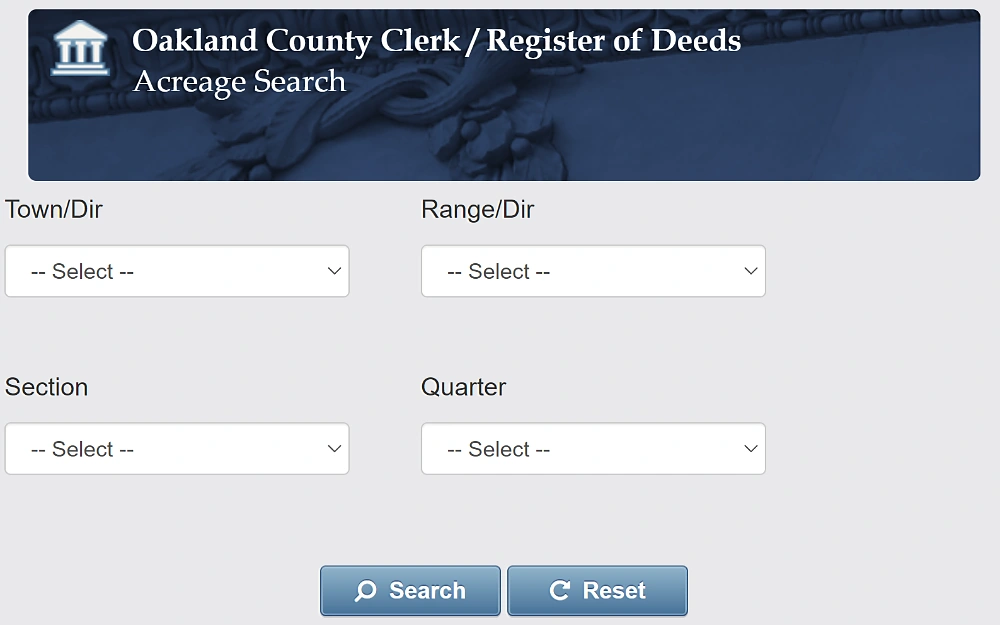 A screenshot of the Oakland County Clerk, Register of Deeds acreage search with dropdown boxes for selecting town, range, section and quarter.