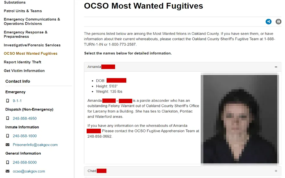 A screenshot of the OCSO Most Wanted Fugitives list with their full name, mugshot, DOB, height, weight, and offense details.