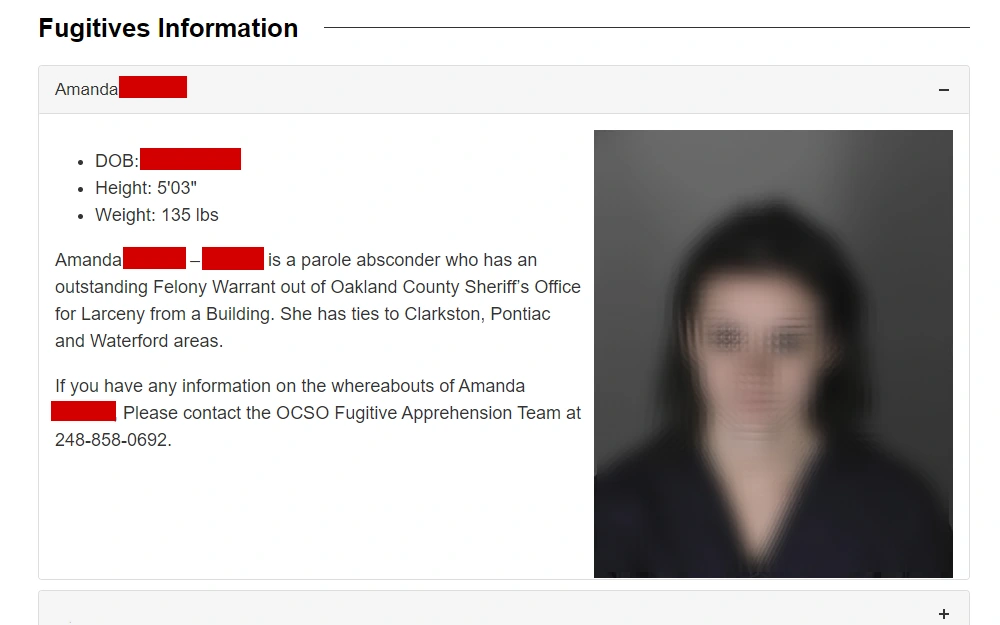 A screenshot of a wanted person from the most wanted fugitives section, displaying the mugshot, name, date of birth, height, weight, and a short description.